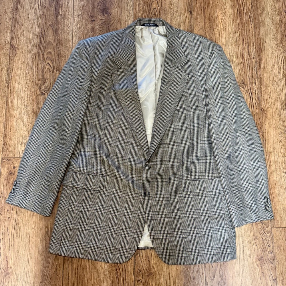 Tailors Row Deansgate Mens 44L Blazer Silk Wool Houndstooth Sport Coat Brown Tan